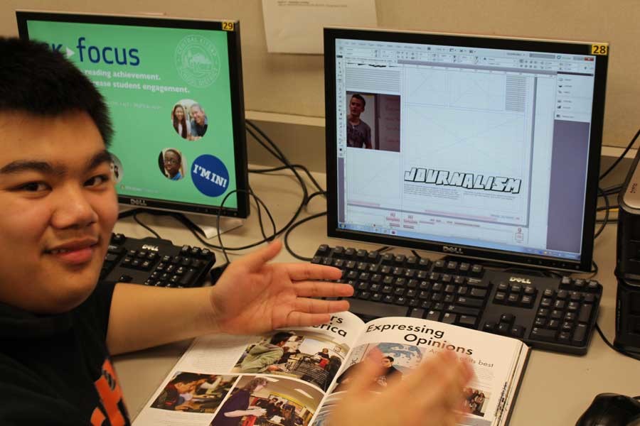 Photo editor Kenneth Tang works on the journalism page for yearbook.
