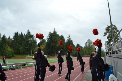 tossing their poms in the air in celebration of a touchdown 
