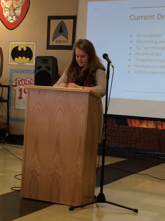 Executive ASB Vice president Ella Herrman speaks in front of the group gathered for the forum on December fourth. 