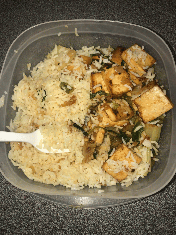Evan Van Pelt prepared tofu and rice to eat for lunch. 