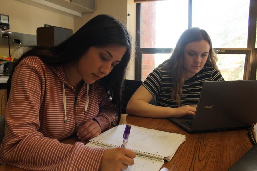 Seniors Sierra Barron and Hailey Junt work hard to prepare for their AP exams this May.