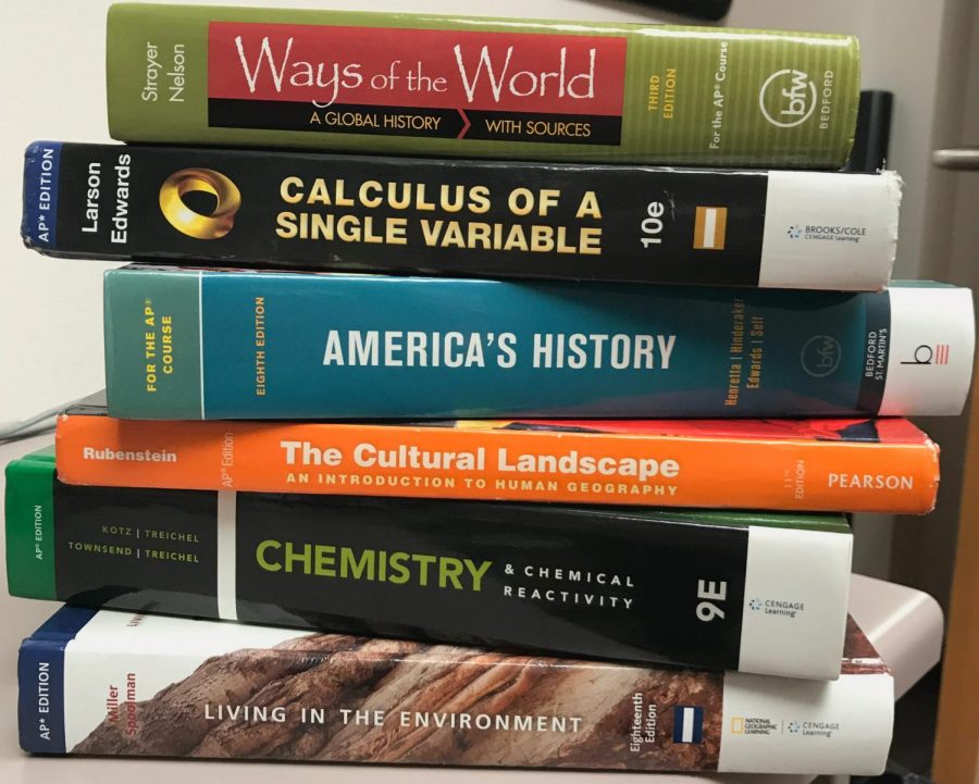 A stack of AP text books