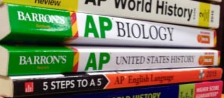 AP books staked on top of each other