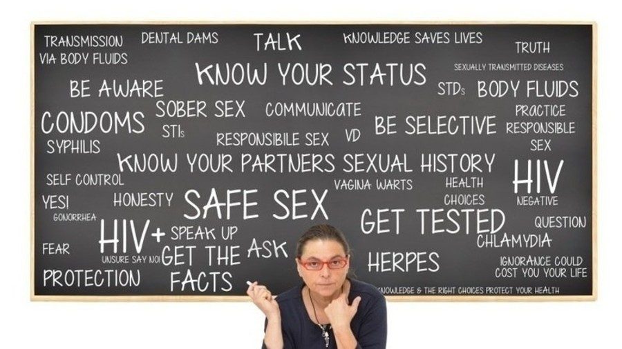 A chalkboard full of words and phrases related to sex education curriculum.