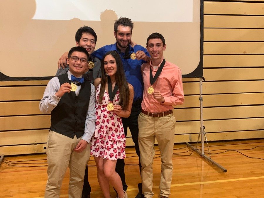 The Valedictorians and Salutatorians pose with their medals after Senior Awards Night. Right to Left: Ryan Nguyen, Woon Na, Kathryn Alexa Watson, Frederick Fritz Humm, and Matyas Kisiday. (Not pictured: Khoi-Viet Le)