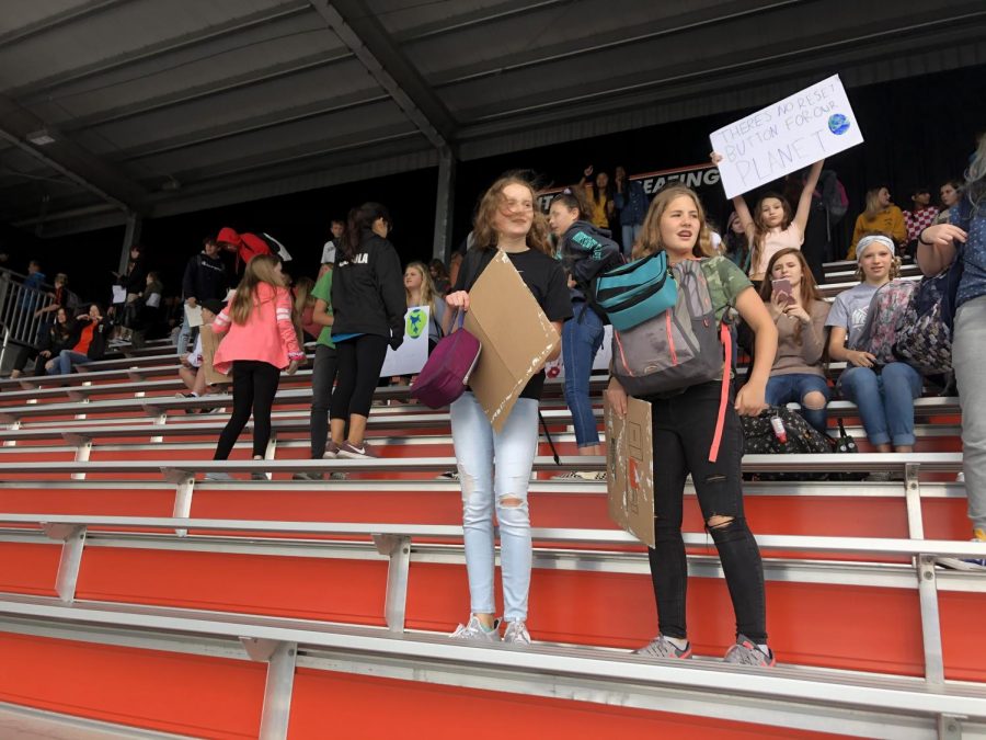 Group of Central Kitsap Middle Schoolers strike for Climate Policy on the High School bleachers during the Sept. 27 protests. 