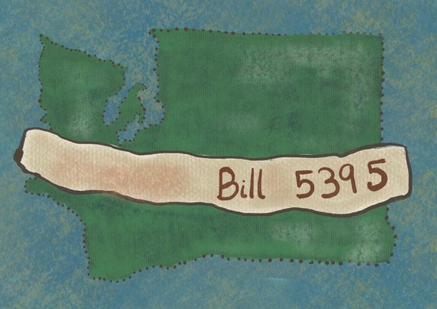 A graphic displaying Washington state, with a banner reading "Bill 5395" across it.  