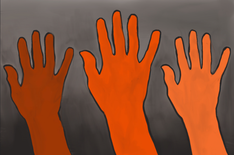 An illustration of three hands reaching upwards, drawn in the CKHS school colors. 