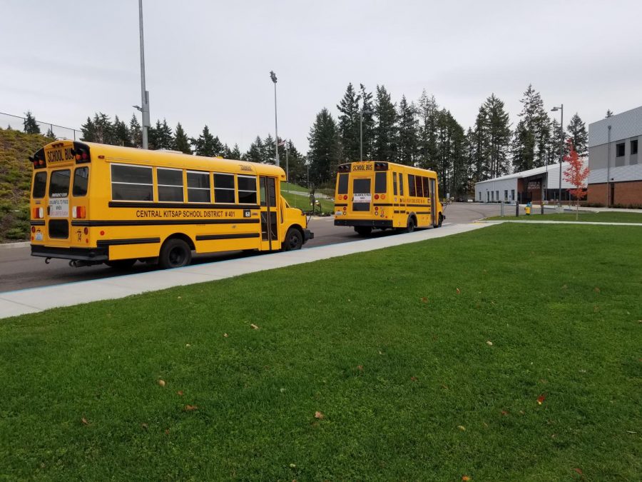 This image shows the buses, that arrived early for picking up kids after school.