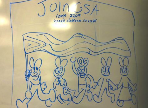 A possible poster idea draw by a GSA cub member, showing 5 cartoon bunnies carrying the LGBTQ+ progress flag