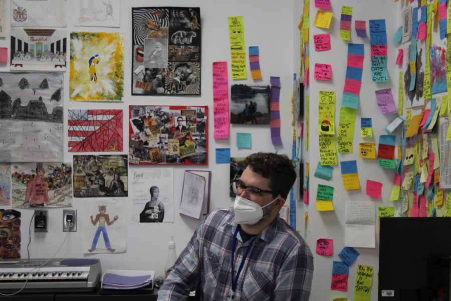 Mr. Randall sitting at his desk during fifth period Ancient Civilizations. 