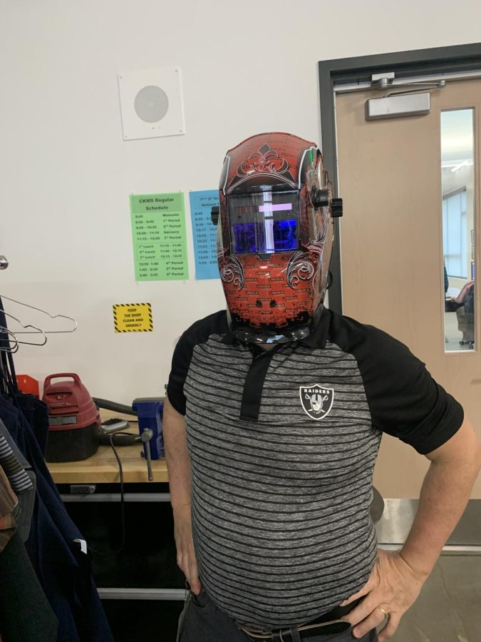 Mr. Brenner showcasing his welding helmet
