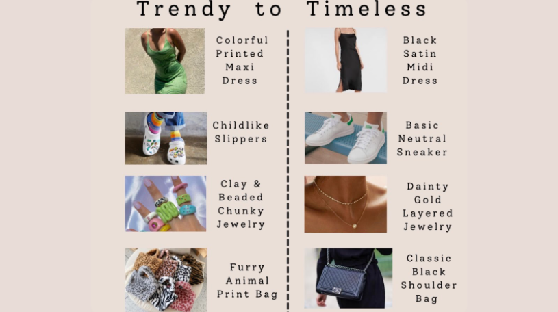 Above is a chart comparing the current fashion micro-trends to timeless alternatives. It is important to analyze which staple pieces one likes in order to look out for those specific articles of clothing at the thrift stores.