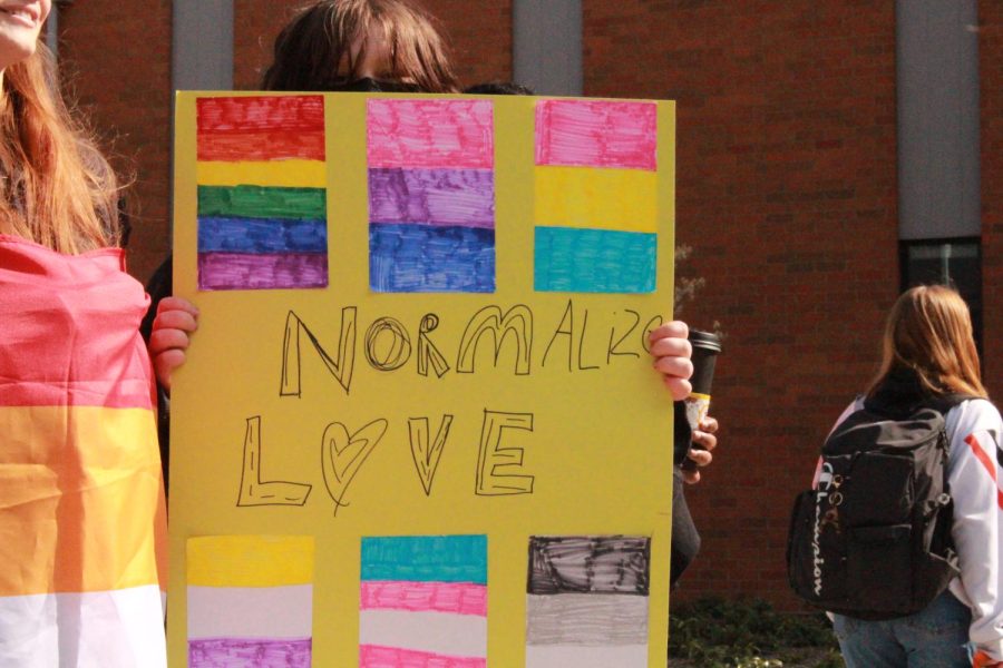Student holds sign that says Normalize love, and includes several LGBTQ+ flags. 