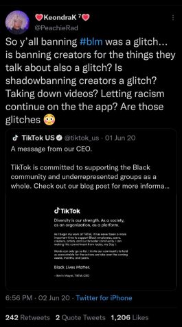 Screenshot of @/PeachieRads tweeting their opinion about the Tik Tok apology after their ban of using the BLM hashtag by Kymora Getachew 