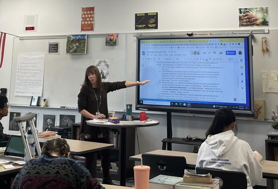 Wendy Kassler reviews key points in writing an essay in her AP Literature and Composition class during 4th period. 