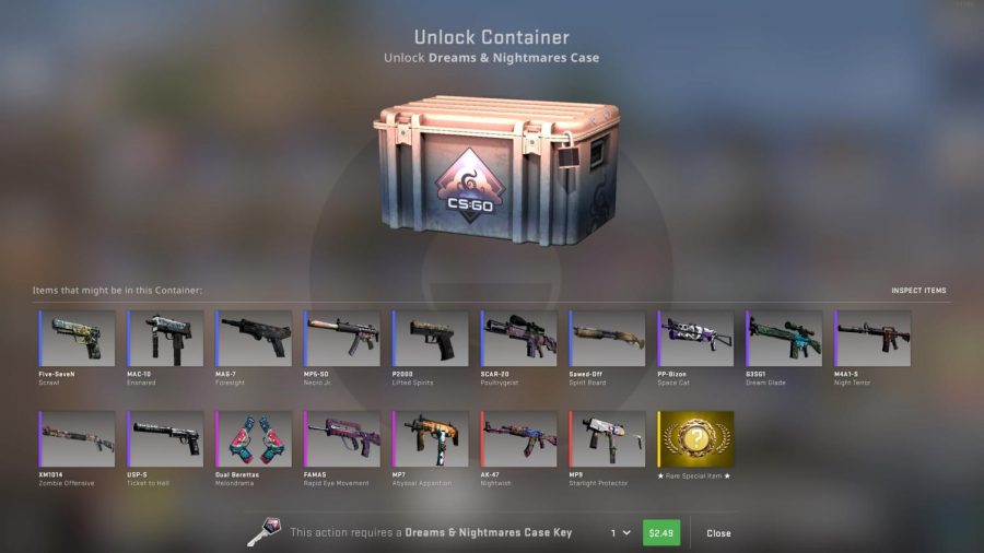 Preview of the contents within the Dreams & Nightmares case from CS:GO ranging from the most common to the rarest of cosmetics, increasing in value with rarity.