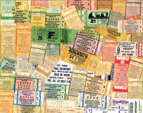 A collage composed of various concert ticket stubs, ranging from artists like Paul McCartney to bands like Aerosmith. 