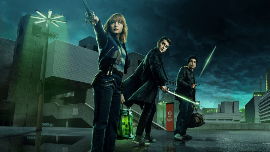 Official press kit photo of the main three Lockwood & Co characters, Lucy Carslyle (left), Anthony Lockwood (middle), and George Karim (right), 
