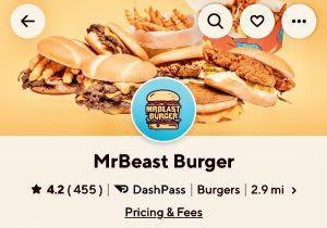 The in-app door dash menu of MrBeast Burger