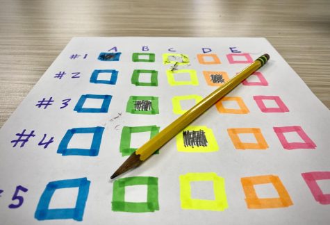 Stylized image of a generic multiple choice test. Eraser marks cover the paper showing frustration manu AP testers deal with.