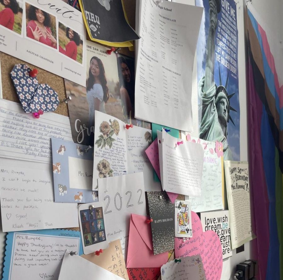 A teacher’s board where she decorates it to display all her past students who have given her graduation letters.