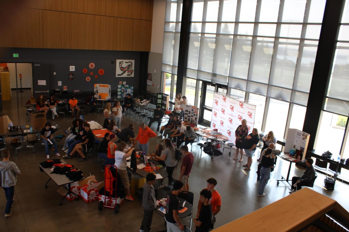 A birds-eye view of the CKHS Commons, hosting club booths and advertisements for Maze Days, from the top of the library steps.
