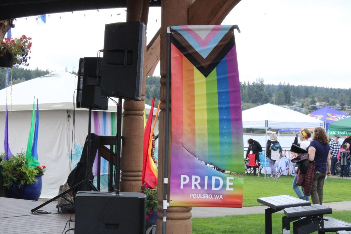 The slashed and re-sewn banner hangs under the shelter on the Poulsbo waterfront.