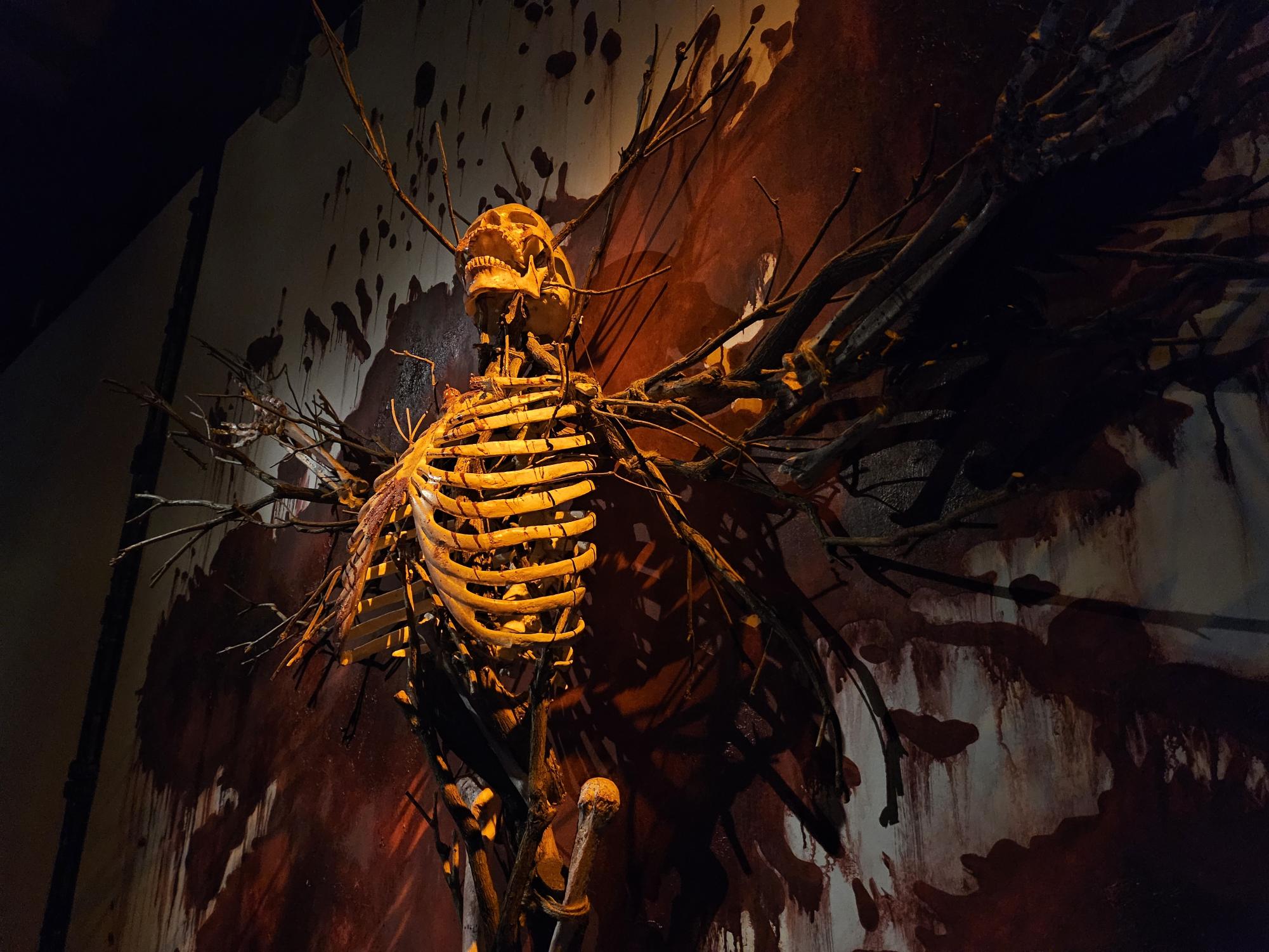 A bloodstained skeleton is crucified to the wall of the Museum of Pop Culture's horror exhibition, contributing to the area's eerie theming and atmosphere. 