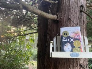 The Poet X book on a shelf against a tree.