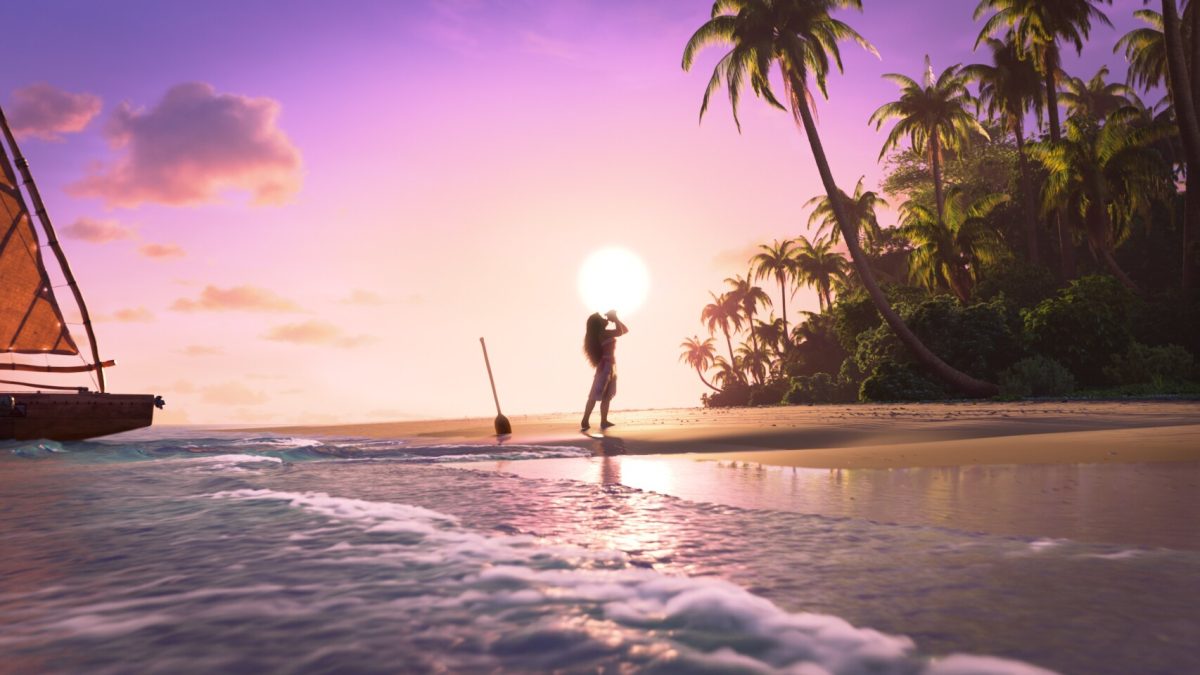 Moana blowing into a conch shell on the beach.