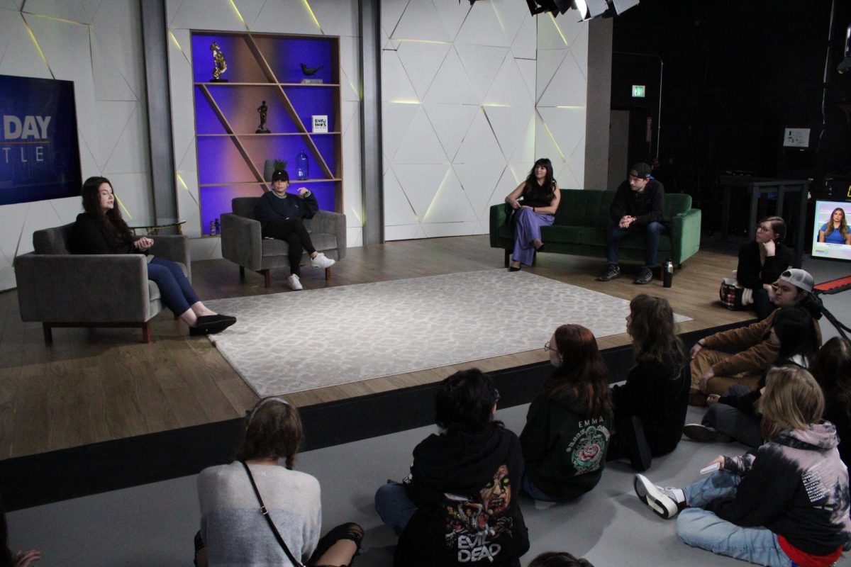 CKHS student journalism class at Seattle's FOX13 news studio during a Q&A with show hosts, tech crew, producers, and news anchors.