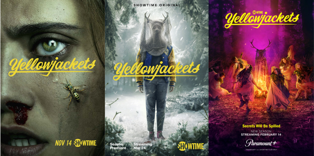 “Yellowjackets” season one, two, and three posters. (Provided by Ashley Lyle and Bart Nickerson)