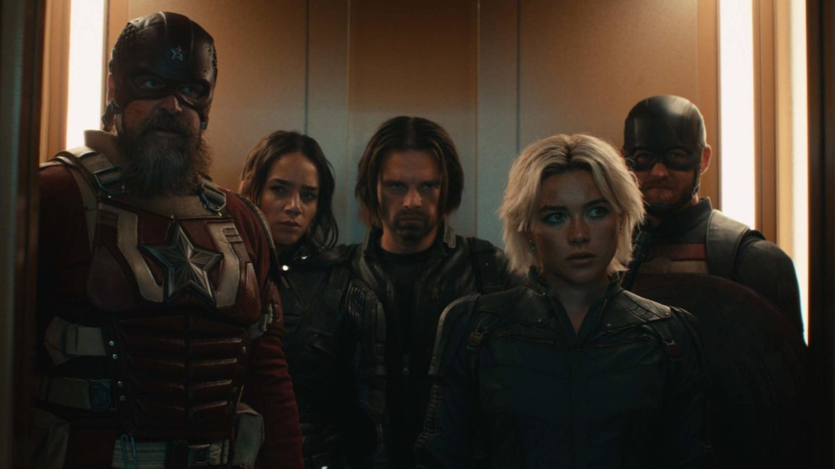 The Thunderbolts riding an elevator in the old Avengers Tower. (Provided by Disney)