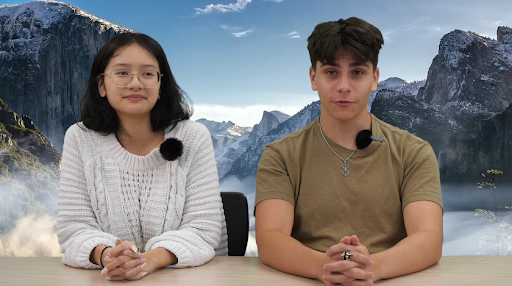 Charlize Tran and Aedyn Zimmerman give information at the News Desk in the Feb. 28 2025 KUGR Broadcast. (Provided by Jeff Schmitt and the KUGR Broadcast team)