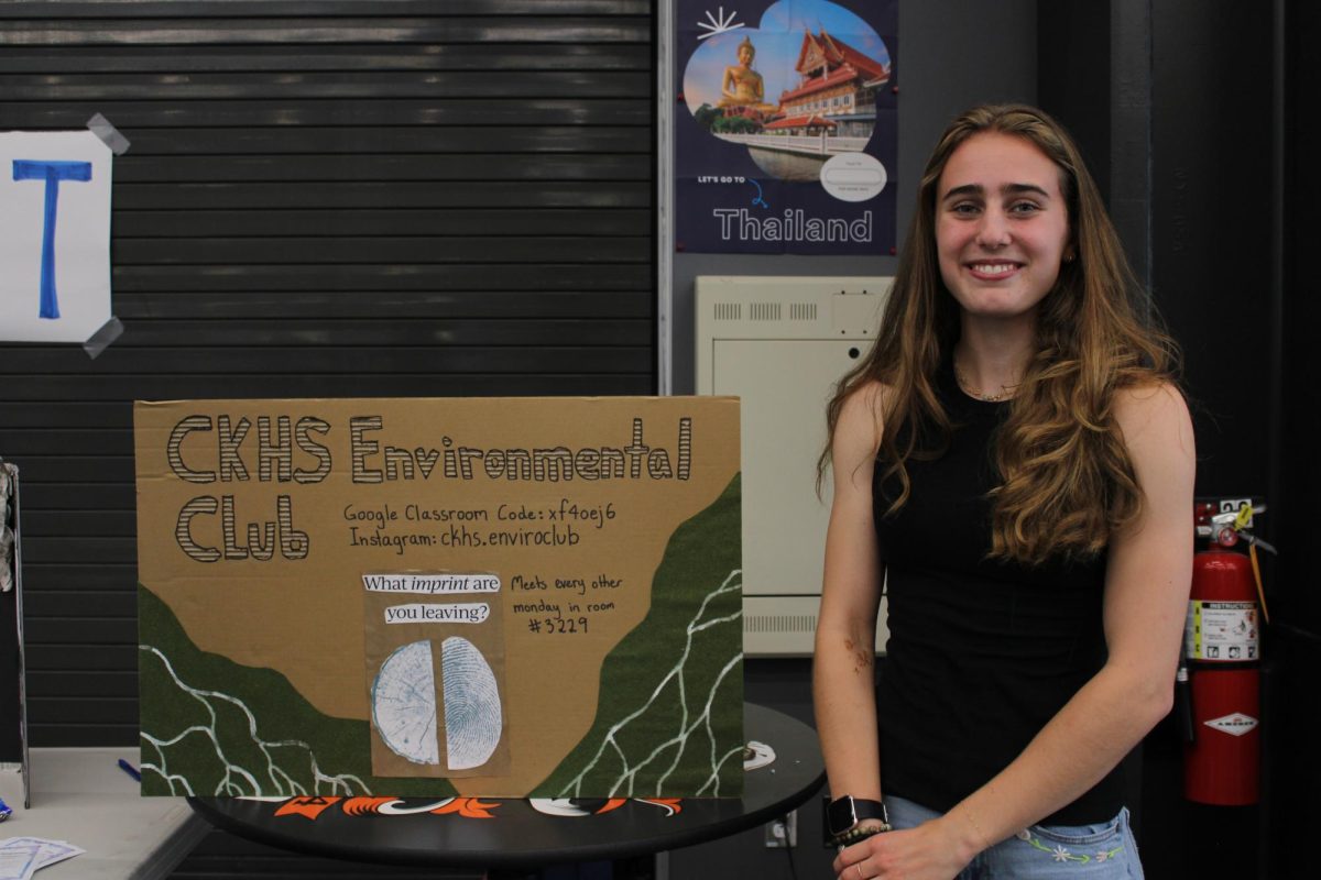 Gillian Lyon stands next to the Environmental Club trifold during Maze Day.
