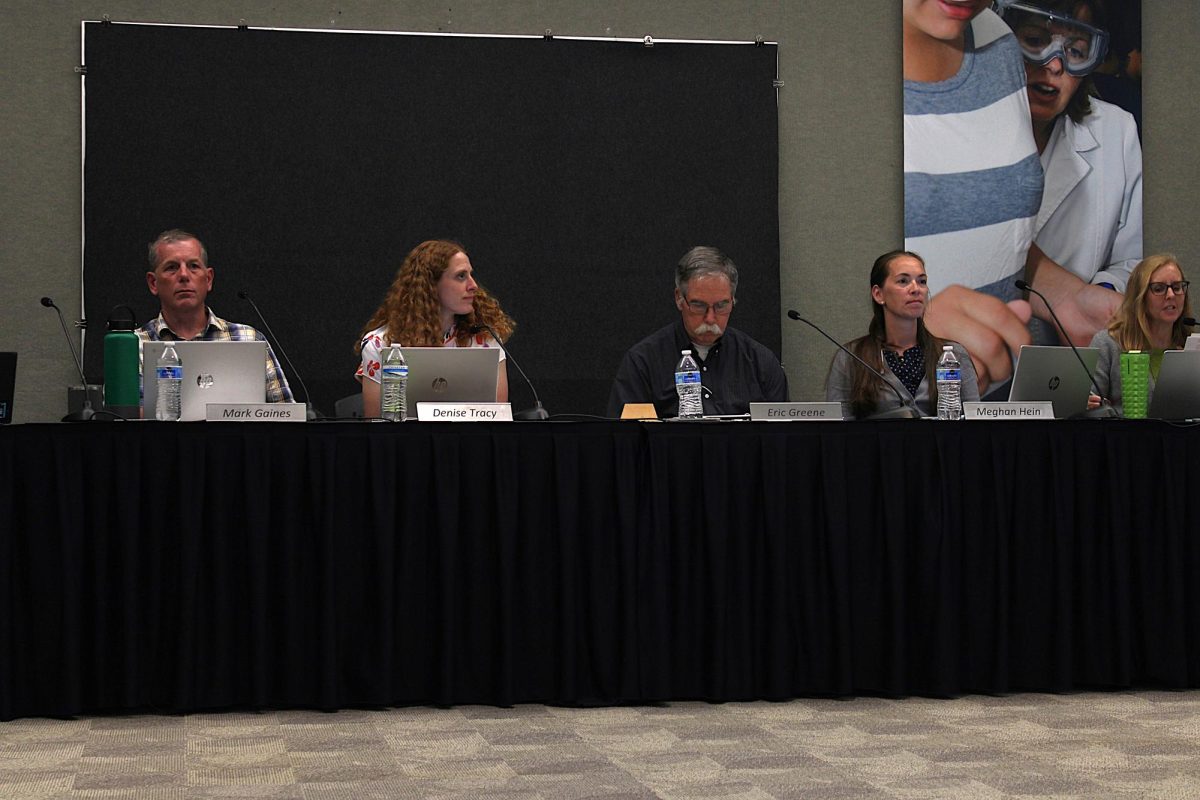 (Left to right) Mark Gaines, Denise Tracy, Eric Greene, Megan Hein, and Erin Prince sit during the September 24, 2025, school board meeting.