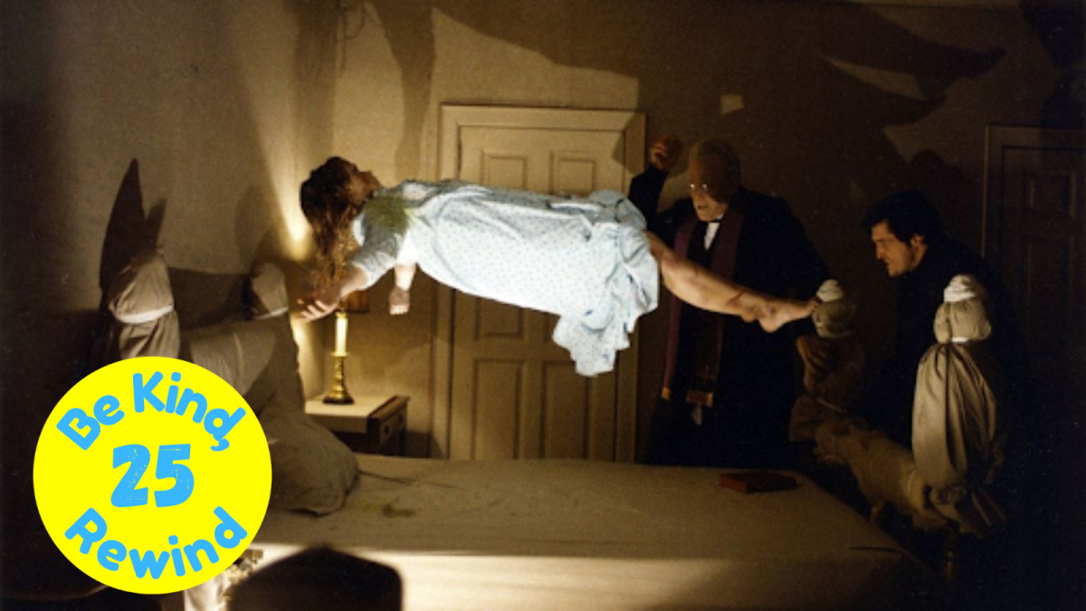 Regan Macneil being exorcised by Lankester Merrin (Mox von Sydow) and Damien Karras (Jason Miller). Provided by Warner Bros.