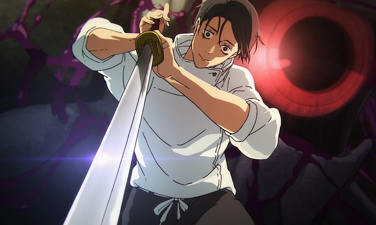  An action scene in which Yuta Okkotsu is holding an enemy down with his katana off screen. Produced by MAPPA