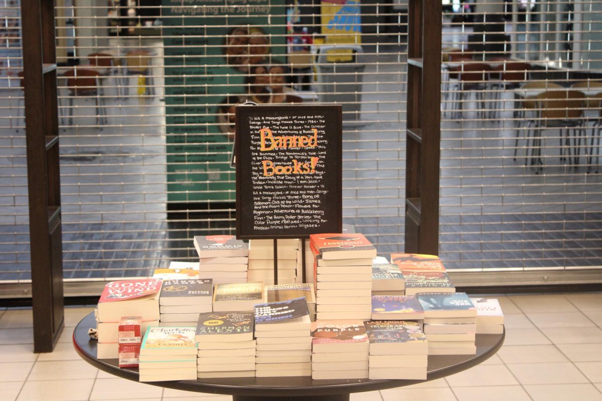 A featured display of banned book sits at one of the entrances of Barnes & Nobles.
