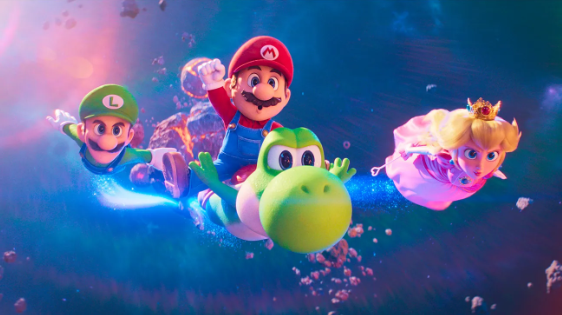 Luigi (left), Mario (center), Yoshi (center), and Princess Peach (right) fly through a galaxy. (Provided by Universal Studios)