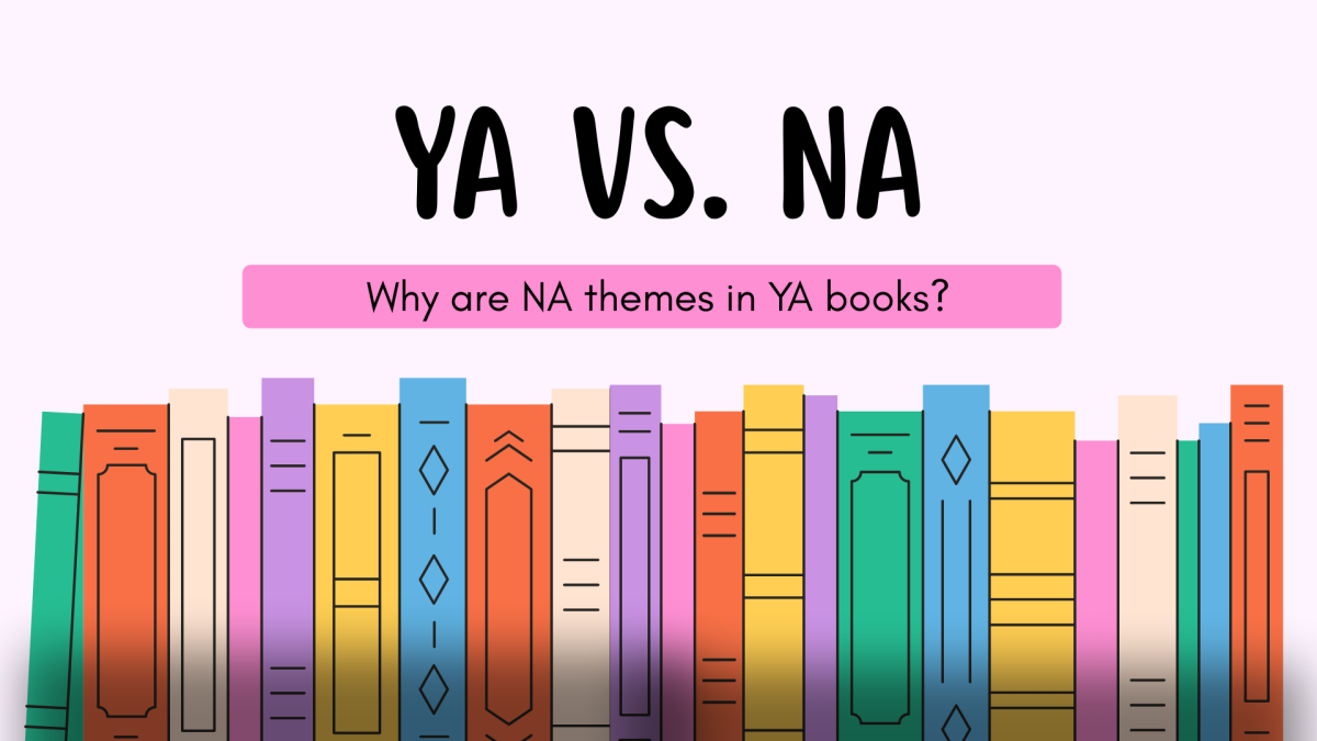 Graphic design of books on a shelf with clear indication of YA vs. NA. 