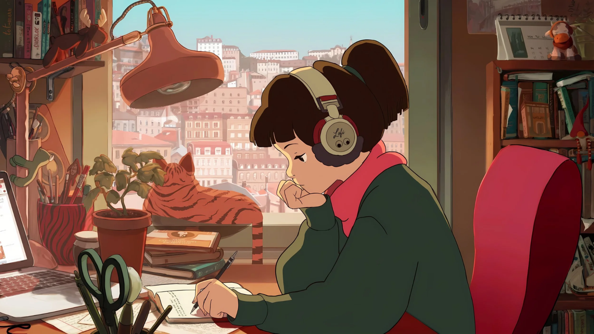 The 'Lofi Girl' animation that plays over one of the most common study playlists. Provided by Lofi Girl,