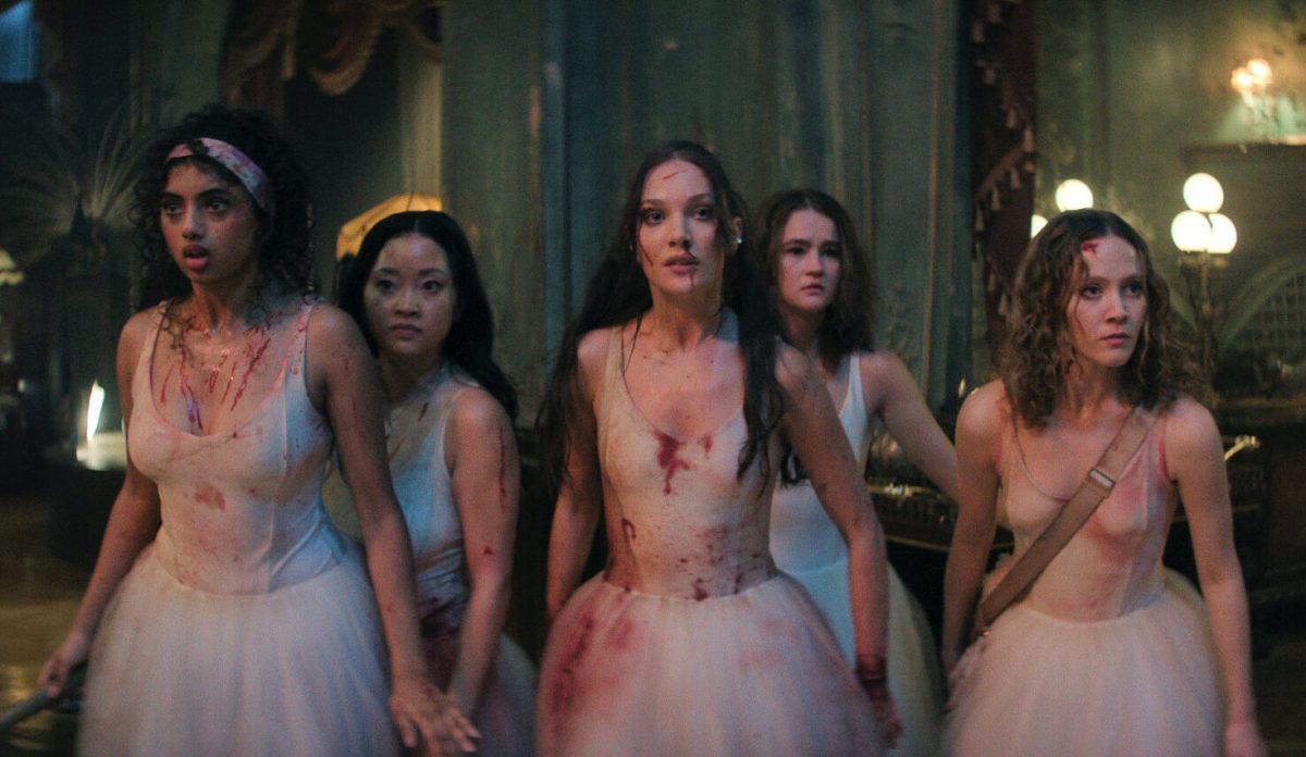 (From left to right) Grace (Avantika), Princess (Lana Condor), Bones (Maddie Ziegler), Chloe (Millicent Simmons), and Zoe (Iris Apatow) stand together to defend themselves against the inn staff. (Provided by Amazon MGM Studios)
