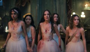 (From left to right) Grace (Avantika), Princess (Lana Condor), Bones (Maddie Ziegler), Chloe (Millicent Simmons), and Zoe (Iris Apatow) stand together to defend themselves against the inn staff. (Provided by Amazon MGM Studios)