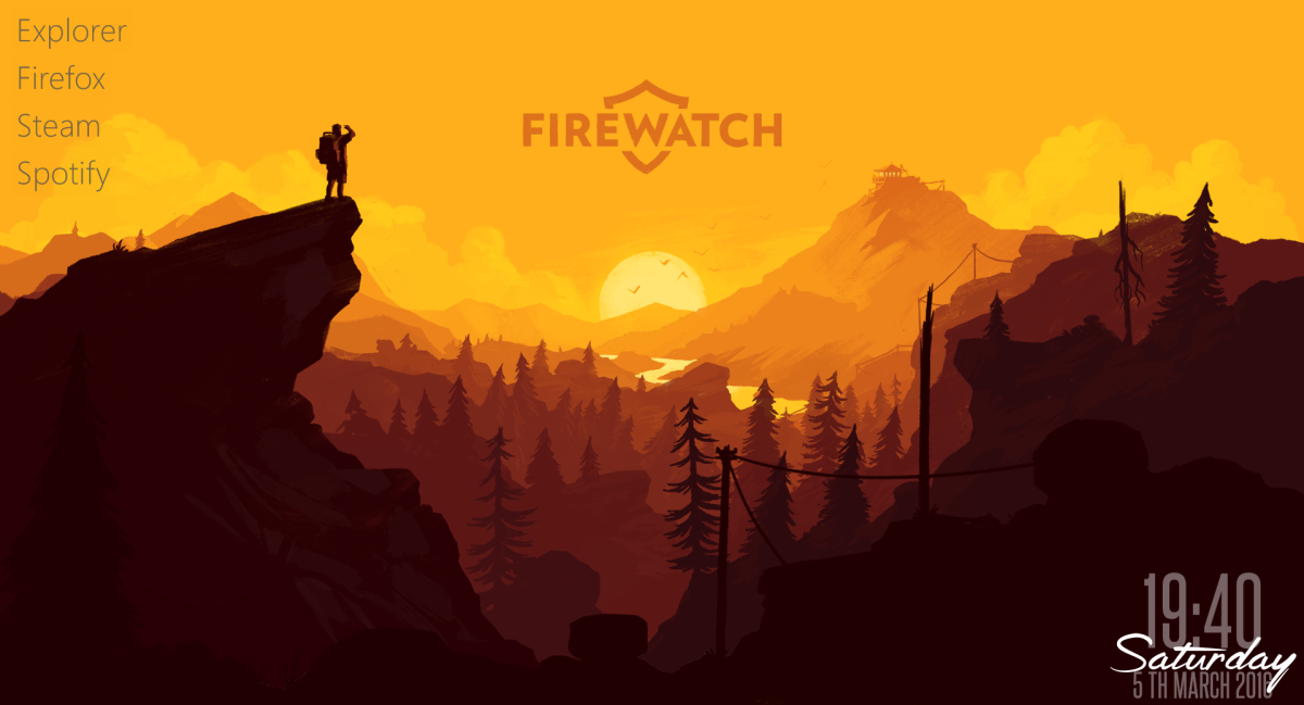 The main screen of the game “Firewatch” shows Henry on a cliff overlooking a forest. (Provided by Panic Ink)